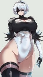 1girls big_breasts blindfold breasts female female_focus female_only from_below heels high_heels kumakichi_(cost-lost) kumakitsu large_breasts leotard light-skinned_female light_skin nier nier:_automata nier_(series) short_hair solo solo_female solo_focus thick_thighs thighs upskirt video_game_character white_hair yorha_2b