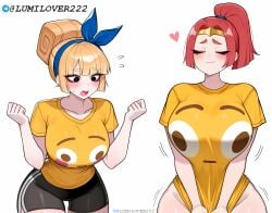 2d 2d_(artwork) 2girls ai_generated big_eyes big_thighs blonde_hair blush blushing blushing_female boss_bandit_(clash_royale) breasts breasts_bigger_than_head clash_(series) clash_royale clothed_female clothing dagger_duchess_(clash_royale) emoji female female_focus female_only flushed_emoji flushed_emoji_shirt huge_breasts light_skin lumilover222 massive_breasts meme ponytail red_hair shirt short_shorts supercell thighs white_background