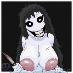 1boy 1girls black_background black_hair black_sclera blood breasts colored_sclera colored_skin creepypasta dark_nipples dated female genderswap_(mtf) grin hi_res holding holding_knife horror_(theme) huge_breasts jane_the_killer jeff_the_killer knife large_areolae long_hair looking_at_viewer nightmare_fuel nightmare_waifu nipples nude paizuri penis pov rogue_(artist) rule_63 scar self_upload serial_killer smile solo_focus straight teeth uncensored veins