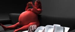 1girls 3d belly belly_expansion big_belly big_breasts bloated bloated_belly breasts burger demon demon_girl demoness expansion female food huge_belly monster_girl nipples overeating red_skin sitting sofa solo stuffed_belly stuffing thatonebluedevil