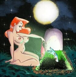 1girls 2024 artist_signature breasts female_focus graveyard hourglass_figure kneeling naked naked_female nighttime nipples nude nude_female offering_panties orange_hair original original_character panties rutturuttu thighs wariza zombie