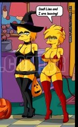 2d aged_up alternate_breast_size arms_behind_back background big_ass big_breasts black_clothing breasts choker cleavage clothed clothed_female color costume croc_(artist) detailed_background devil devil_horns devil_tail dialogue earrings english_text eyelashes eyes eyeshadow facial_tattoo footwear fully_clothed half-closed_eyes halloween hand_on_hip happy hat heels horn house incest indoors jack-o'-lantern lips lipstick lisa_simpson long_eyelashes maggie_simpson makeup midriff neckwear open_eyes piercing pointy_hat pose pumpkin red_clothing red_lipstick shiny_skin shoes sisters skimpy slim_waist slutty_outfit smile speech_bubble spiky_hair standing tattoo text the_simpsons thigh_boots trick_or_treat wide_hips witch witch_hat yellow_body yellow_hair