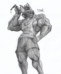 anthro barazoku biceps big_muscles bottomwear bulge canid canine canis clothing collar doggie_kruger domestic_dog ears_up eyewear fur hair hi_res lifeguard male mammal monochrome muscular muscular_anthro muscular_male nipples pants pecs pinumontbalou power_rangers power_rangers_spd scales sleeveless_shirt solo sunglasses whistle_(object)