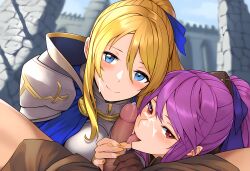 ai_generated anabel_(another_eden) another_eden armor blonde_hair blowjob castle cum_on_face deirdre_(another_eden) facial ffm_threesome handjob nai_diffusion purple_hair sisters smile threesome tongue_out