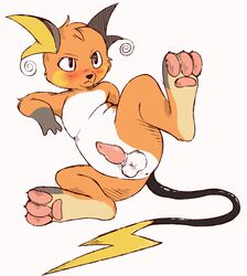 anus balls blush erection feline-fattale lying male male_only nintendo on_back paws penis plain_background pokemon pokemon_(species) precum raichu solo video_games