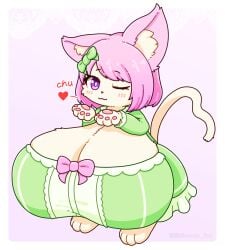 1girls ;3d animal_ears anthro anthro_focus anthro_only big_breasts blush breasts_bigger_than_head cat_ears cat_girl cat_tail catgirl cleavage cute enormous_breasts female gigantic_breasts green_dress heart huge_breasts large_breasts massive_breasts original original_character pink_ears pink_hair purple_eyes shortstack small_but_busty smile solo tail two_tone_hair white_background young yu_fox