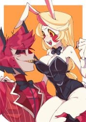 1boy 1boy1girl 1girl 1girls alastor_(hazbin_hotel) bare_shoulders bare_thighs biting_clothes blonde_hair blush breasts bunny_ears bunnysuit charlie_morningstar_(hazbin_hotel) color embarrassed fangs hazbin_hotel honeko_06 hourglass_figure light-skinned_female no_bra sharp_teeth simple_background straight sweat thighs vivienne_medrano white_skin yellow_eyes