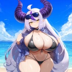 ai_generated ameanon beach big_breasts bikini black_bikini breasts cleavage hawaiian_shirt hololive horns huge_breasts la+_darknesss large_breasts pointy_ears shortstack sideboob sunglasses_on_head thick_thighs underboob virtual_youtuber vtuber