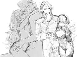 1boy 1girls bare_thighs breasts cleavage cleavage_cutout completely_nude corrin_(fire_emblem) corrin_(fire_emblem)_(female) female fire_emblem fire_emblem_fates greyscale hair_between_eyes hairband holding_hands inner_thighs kissing leotard long_hair looking_at_viewer male medium_breasts monochrome nintendo nude nude_female nude_male pointy_ears rarudo7 sex short_hair smile thighhighs thighs very_long_hair xander_(fire_emblem)