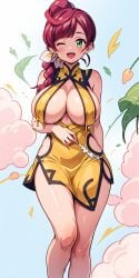 1girls ai_generated big_breasts braid braided_hair breasts chinese_clothes chloe_(pokemon) cleavage creatures_(company) female gamefreak green_eyes large_breasts looking_at_viewer nintendo open_mouth pokemon pokemon_journeys ryuzam single_braid solo wink yellow_dress