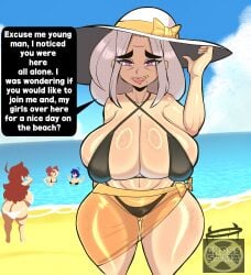 4girls alice_(cross_samax) ass ass_visible_through_thighs background_characters beach big_ass big_breasts bikini blue_hair breasts busty carmilla_(cross_samax) cross_samax dialogue female female_focus female_only freckles gilf hat huge_breasts isabella_(cross_samax) large_breasts mature mature_female original outdoors pink_eyes png red_hair rory_(cross_samax) swimsuit talking_to_viewer text thick_thighs white_hair wide_hips