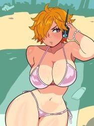 1girls bare_arms bare_legs bare_shoulders bare_thighs big_breasts bikini bikini_bottom bikini_top blush clothed clothing color female female_focus female_human female_only hi_res hourglass_figure human large_breasts light-skinned_female light_skin mature_female one_piece one_piece:_egghead_arc opdizzi orange_hair purple_eyes short_hair shounen_jump slim_waist solo solo_female sweat tagme thick_thighs vegapunk_lilith wide_hips