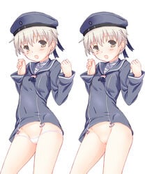 blush female female kantai_collection looking_at_viewer open_mouth pussy short_hair silver_hair small_breasts standing testa uncensored yellow_eyes