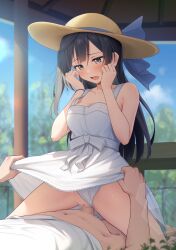 1boy black_hair blue_ribbon blue_sky blush breasts brown_hat cleavage clothes_lift clothing_aside cloud collarbone commentary_request cowgirl_position day dress dress_lift female grey_eyes hat hat_ribbon highres lifting_another's_clothes long_hair love_live! love_live!_nijigasaki_high_school_idol_club one_side_up open_mouth panties panties_aside ribbon sex sky sleeveless sleeveless_dress solo_focus straddling straight sun_hat tongue toyasu_aina underwear white_dress white_panties yuuki_setsuna_(love_live!)