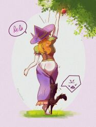 almarcagirls ass assisted_exposure dress embarrassed embarrassed_female exposed_ass feline female hat reaching reaching_up redhead tree wardrobe_malfunction