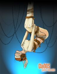 1girls blindfold bondage bondage bound chains covered_eyes female gag gagged glados hair_bun headphones navel orange_hair personification portal_(series) sensory_deprivation single_hair_bun solo solo_female straitjacket tagme upside-down watermark web_address