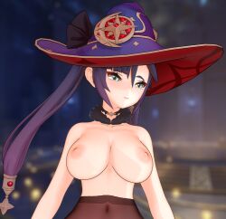 1girls 3d belly belly_button black_hair blue_hair breasts earrings female female_only genshin_impact green_eyes hat jewelry large_breasts long_hair mona_(genshin_impact) nipples pantyhose solo tagme twintails wasarky witch_hat