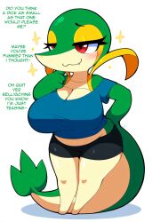 ai_generated anthro big_breasts blush bottomwear breasts cleavage clothed clothing curvy_figure cute_fangs eyelashes female generation_5_pokemon green_body half-closed_eyes hand_on_hip hellsonger hi_res huge_breasts midriff narrowed_eyes nintendo non-mammal_breasts pokemon pokemon_(species) pokemorph red_eyes reptile scalie shirt short_stack shorts simple_background smile snivy solo sparkles text thick_thighs topwear voluptuous white_background wide_hips