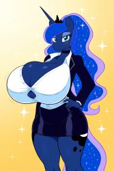 ai_generated alicorn alternate_breast_size alternate_costume anthro blue_body blue_hair blush bursting_buttons choker cleavage cleavage_overflow crown cutie_mark furry furry_focus furry_only giant_breasts hand_on_hips horn hyper_breasts long_hair looking_at_viewer majorfluffy mature_female novelai office_lady princess_luna_(mlp) simple_background skirt thick_thighs unbuttoned_shirt unicorn wide_hips