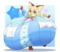 1girls :3d animal_ears anthro anthro_focus anthro_only blonde_hair blue_eyes blue_shirt blush breasts breasts_bigger_than_head brown_hair closed_eyes cute fang female fox_ears fox_girl fox_tail hyper_breasts massive_breasts open_mouth original original_character red_bow shortstack small_but_busty smile solo tail two_tone_body two_tone_fur two_tone_hair yellow_fur yu_fox