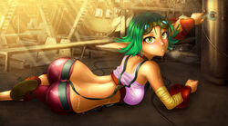 1girls ass bare_calves blush breasts calves capri_pants clothing female female_focus female_only green_hair jak_and_daxter keira_hagai laying_down looking_at_viewer short_hair skin_tight solo sweat tight_clothes tight_pants wrench yuqoi