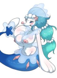 anthro big_breasts blue_body blue_eyes blue_hair breasts female fin flippers fur generation_7_pokemon genitals hair hi_res long_hair looking_at_viewer mammal marine merfolk nintendo pink_nose pinniped pokemon pokemon_(species) primarina pussy simple_background solo split_form tail tail_fin tod_d white_body white_fur wide_hips