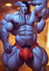 abs ai_generated ambush_(trap) armpit_hair bulge chest_hair draenei extreme_muscles genderswap_(ftm) hairy_armpits hairy_arms hairy_chest hyper_muscles male male_only muscular muscular_male rule_63 sewoh solo warcraft world_of_warcraft