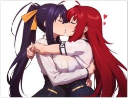 ai_generated akeno_himejima black_hair black_hair_bottom domination high_school_dxd lesbian_kiss light_hair_on_dark_hair red_hair red_hair_on_black_hair red_hair_top rias_gremory yuri