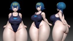 1girls 3d ass ass_focus blue_eyes blue_hair bottom_heavy breasts female female_only gigantic_ass huge_ass lana_(pokemon) large_breasts light-skinned_female one-piece_swimsuit pokemon solo standing sticking_out_tongue tagme usukeninja wide_hips