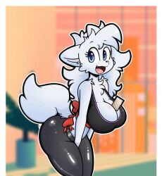 1girls anthro big_breasts blue_eyes blush breasts cleavage female female_only fur furry furry_only green_eyes large_ass large_breasts nickick143 sweat_pants tagme tight_clothing tongue tongue_out white_fur