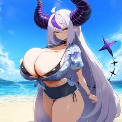 ai_generated ameanon beach big_breasts bikini black_bikini breasts choker cleavage hawaiian_shirt hololive horns huge_breasts la+_darknesss large_breasts sideboob tail thick_thighs underboob virtual_youtuber vtuber