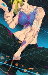 1girls big_breasts body_paint bodypaint breasts breasts_outside clothed clothed_female female jojo's_bizarre_adventure jolyne_kujo light-skinned_female light_skin limn044 lips looking_at_viewer paint painted_breasts pointing squatting string thick_thighs topless topless_female