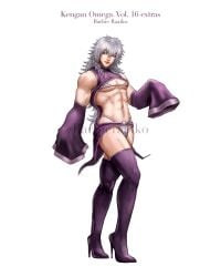 ambush_(trap) barbieraatko bikini bishonen boots chinese_clothes detached_sleeves full_body high_heel_boots kengan_(series) kengan_omega long_hair long_hair_male male male_only micro_bikini muscular muscular_male official_alternate_costume purple_legwear sleeves_past_wrists smile standing thigh_boots white_hair xia_ji