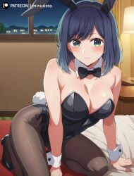 1girls 2024 ai_generated big_breasts blue_eyes blush bunny_girl bunnysuit cleavage indoors kurokawa_akane looking_at_viewer minusleto on_bed oshi_no_ko pantyhose short_hair solo stable_diffusion