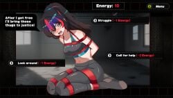 bondage bondco bound english_text female femsub fully_clothed game_mechanics kinktober open_mouth png rope shiny_clothes speech_bubble sports_bra text tight_clothing zenless_zone_zero zhu_yuan