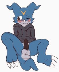 balls blush bottomless digimon erection feline-fattale male male_only penis plain_background solo veemon