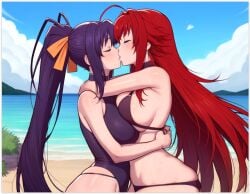 2females ai_generated akeno_himejima beach black_hair black_hair_bottom domination high_school_dxd lesbians_kissing light_hair_on_dark_hair red_hair red_hair_on_black_hair red_hair_top rias_gremory yuri