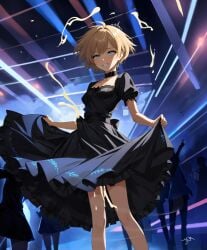 ai_generated anime_style belt black_dress blonde_hair blue_eyes club crossdressing cum cum_drip cum_in_air cum_through_clothes cum_through_underwear cuming cumshot cute cute_expression cute_male dance dance_floor dancing date dress dress_lift dress_shirt ejaculation ejaculation_under_clothes erection erection_under_clothes eyebrows eyelashes femboy femboy_focus femboy_only feminine_body feminine_male feminization happy male orgasm orgasm_control orgasm_without_stimulation original_character penis_under_clothes semen short_hair sissification sissy skirt skirt_lift smile teenager throbbing throbbing_penis