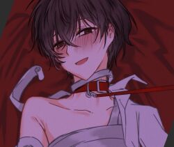 1boy almost_naked almost_nude bandage bandages blush blushing bottom_dazai brown_hair brown_hair_male bsd bungo_stray_dogs bungou_stray_dogs collar dazai_osamu feminine_male leash leash_pull leashed leashed_collar male male_only malesub no_sex open_mouth open_mouth_smile osamu_dazai partially_clothed partially_clothed_male red_collar shirt skinny smile solo solo_focus solo_male submissive submissive_male twink undressed