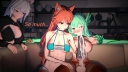 1futa 2girls 3d animal_ears animal_humanoid bikini blue_eyes blush bra cat_ears charmycharmy couch cum cyclone_red fleshlight fox_ears futanari green_hair group handjob handjob_w/sex_toy harpy indoors koikatsu large_breasts light-skinned_female light-skinned_futanari light_skin masturbation nude onahole orange_hair original text watching white_hair yellow_eyes