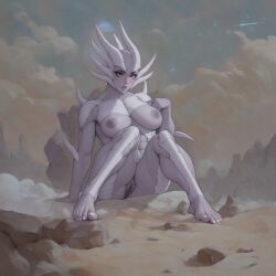 ai_generated alien alien_girl barefoot breasts completely_naked completely_nude completely_nude_female dark_skin feet horns kenshi nude princess_seto pussy seto shek shek_female shek_woman toes