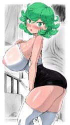 1boy 1girls :o alternate_breast_size arched_back bare_arms bare_shoulders black_skirt blush breasts clothed covered_nipples dot_nose female female_focus gonzalo_costa green_eyes green_hair hand_on_breast hi_res huge_breasts large_breasts light-skinned_female looking_at_viewer mogudan monochrome_background nipples one-punch_man outstretched_arm see-through_top short_hair side_view skindentation skirt skirt_tug solo_focus standing strapless sweat tatsumaki thighhighs thighs white_shirt white_thighhighs