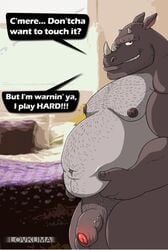 animated balls bed belly biceps chubby dialog grin hairy horn looking_at_viewer lovkuma male male_only muscles overweight penis red_eyes rhinoceros solo text thick_penis uncut