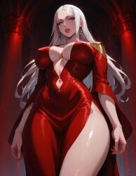 ai_generated carmilla_(castlevania) castlevania fr34ky from_below huge_breasts navel pale_skin vampire_girl white_hair