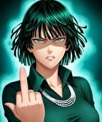 1girls ai_generated angry aura dress esper female fubuki_(one-punch_man) furious green_dress green_eyes looking_at_viewer medium_hair middle_finger one-punch_man woman