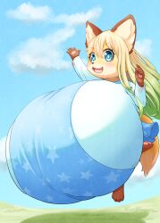 1girls animal_ears anthro anthro_focus anthro_only blonde_hair blue_clothes blue_eyes blue_sky blush breasts_bigger_than_head brown_hair clouds cute fang female fluffy_tail fox_ears fox_girl fox_tail hyper hyper_breasts massive_breasts open_mouth original original_character shortstack small_but_busty smile solo tail two_tone_body two_tone_fur two_tone_hair yellow_fur yu_fox