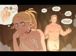 1boy 1girls 2024 absurd_res blindfold blonde_hair blush buff buff_male choker covering_mouth delicious_in_dungeon dialogue dungeon_meshi dungeons_and_dragons elf elf_ears elf_female english_text face_between_pecs female green_eyes laios_touden male marcille_donato pepprnsalt sauna speech_bubble steam thought_bubble tied_hair towel towel_only