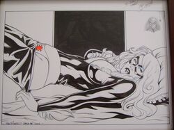 1girls black_cat_(marvel) felicia_hardy female g.w._fisher marvel mask monochrome panties solo spider-man_(series) unzipped