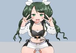 big_breasts d4dj green_hair kneeling light_green_leaf peace_sign shimizu_esora tattoo thick_thighs