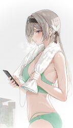 2d after_workout clothed earphones female female_only firefly_(honkai:_star_rail) gray_hair green_bra green_panties hair_ornament headband hidulume honkai:_star_rail matching_underwear phone purple_eyes semi_nude solo_female sweat sweating towel towel_around_neck underwear underwear_only white_background